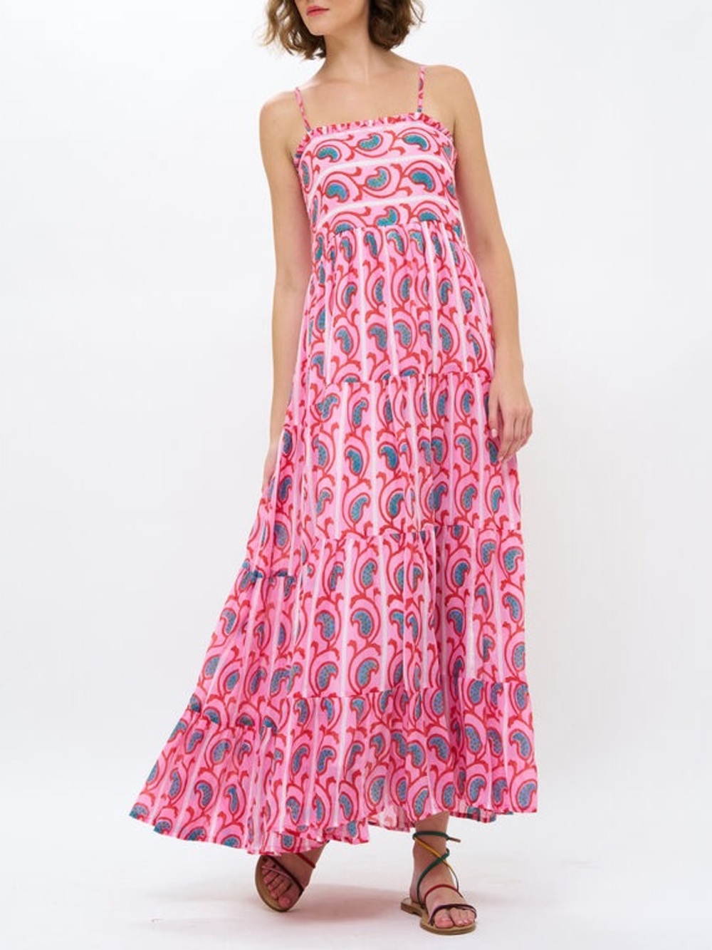 Oliphant Smocked Back Pink Paisley Cotton Maxi Dress Size L